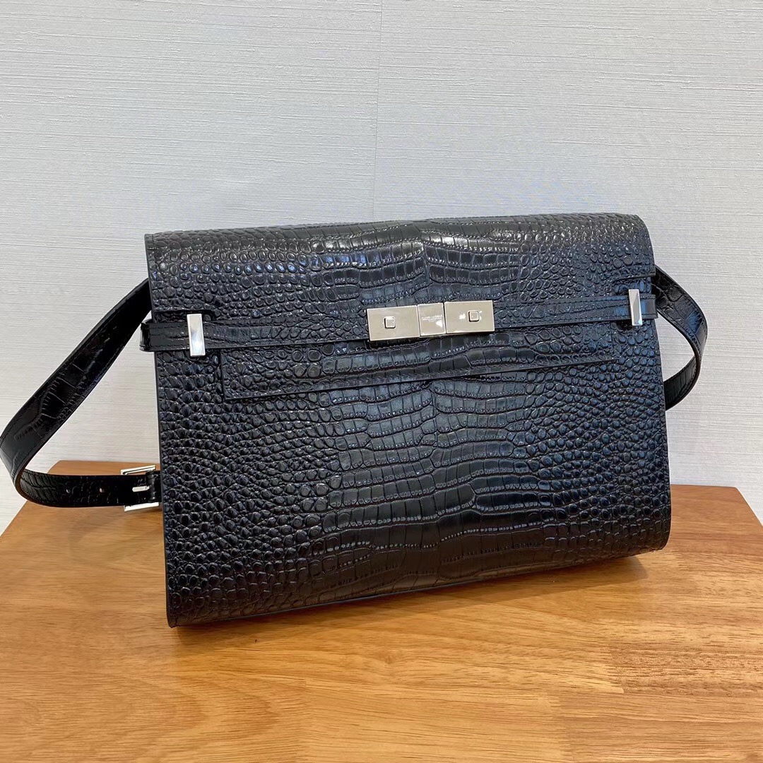 생로랑 Saint laurent/YSL 579271 맨하탄 숄더백 크로커다일 엠보스 샤이니 레더 블랙 29CM