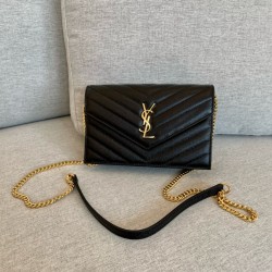 생로랑 Saint laurent/YSL 393953 WOC 그랑 드 뿌드르 엠보스드 레더 카산드라 마틀라세 엔벨로프 체인 지갑 블랙 19CM