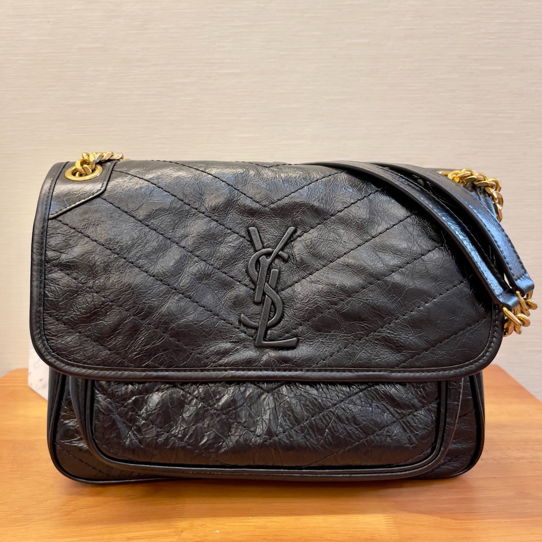 생로랑 Saint laurent/YSL 633158 생로랑 니키 미디움 체인 백 크링클 빈티지 레더 느와르 28CM