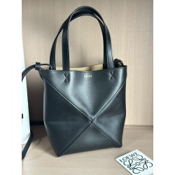 로에베 Loewe 1763 Mini Puzzle Fold Tote Bag in Shiny Calfskin Black