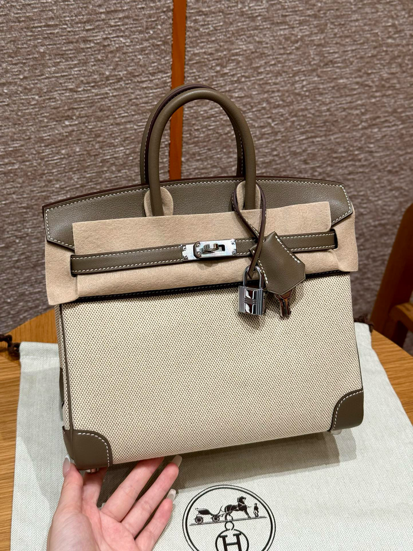 에르메스 Hermes Birkin 25cm Canvas and Swift 18 Etoupe/silver