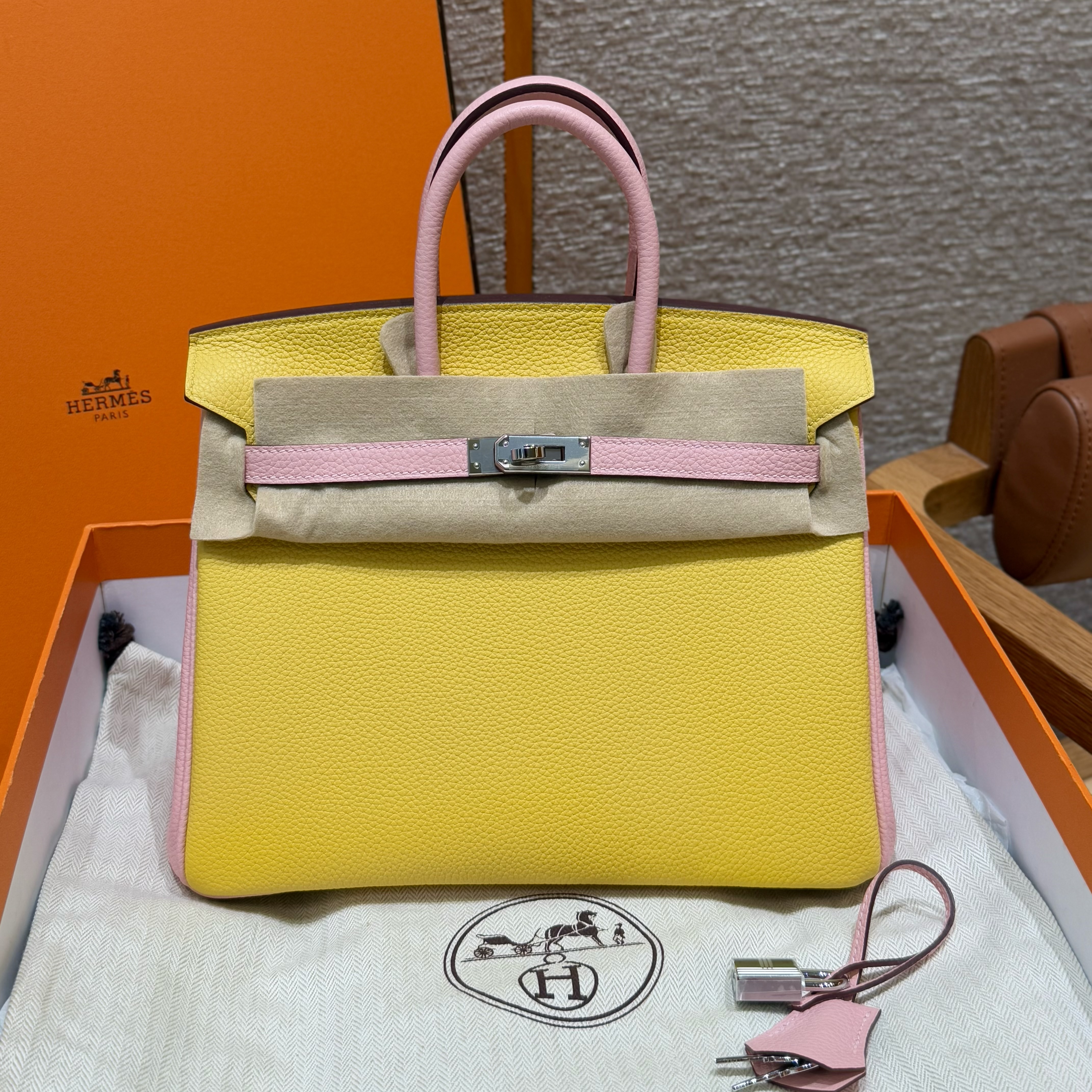 에르메스 Hermes Birkin 25cm Togo 9O Jaune naples and 3QRose Sakura/silver