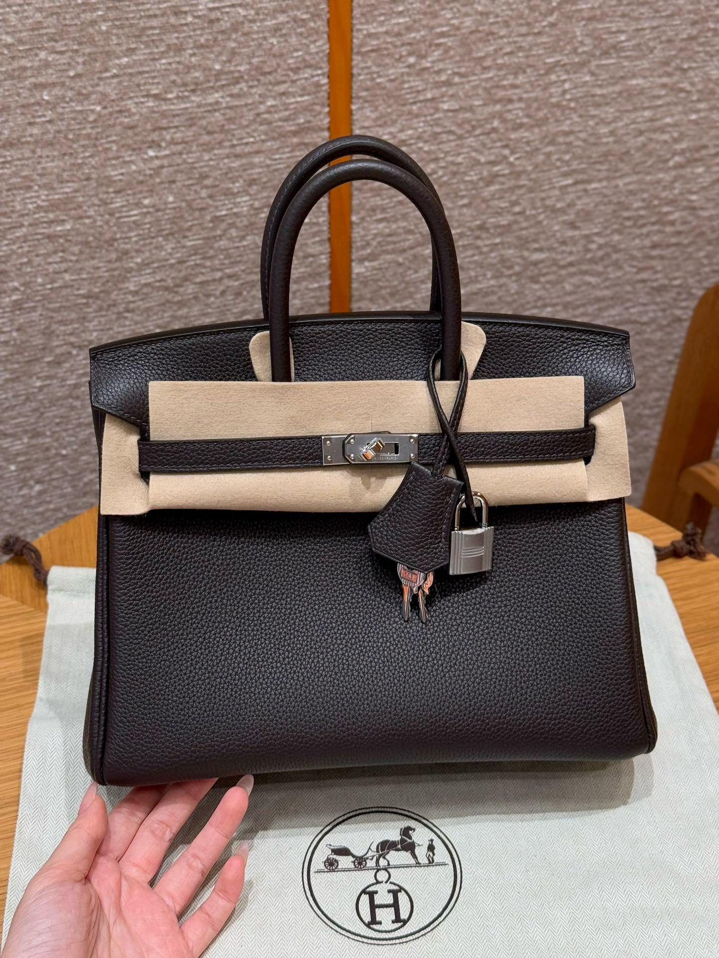 에르메스 Hermes Birkin 25cm Togo 46 Ebene and 37 Gold/silver