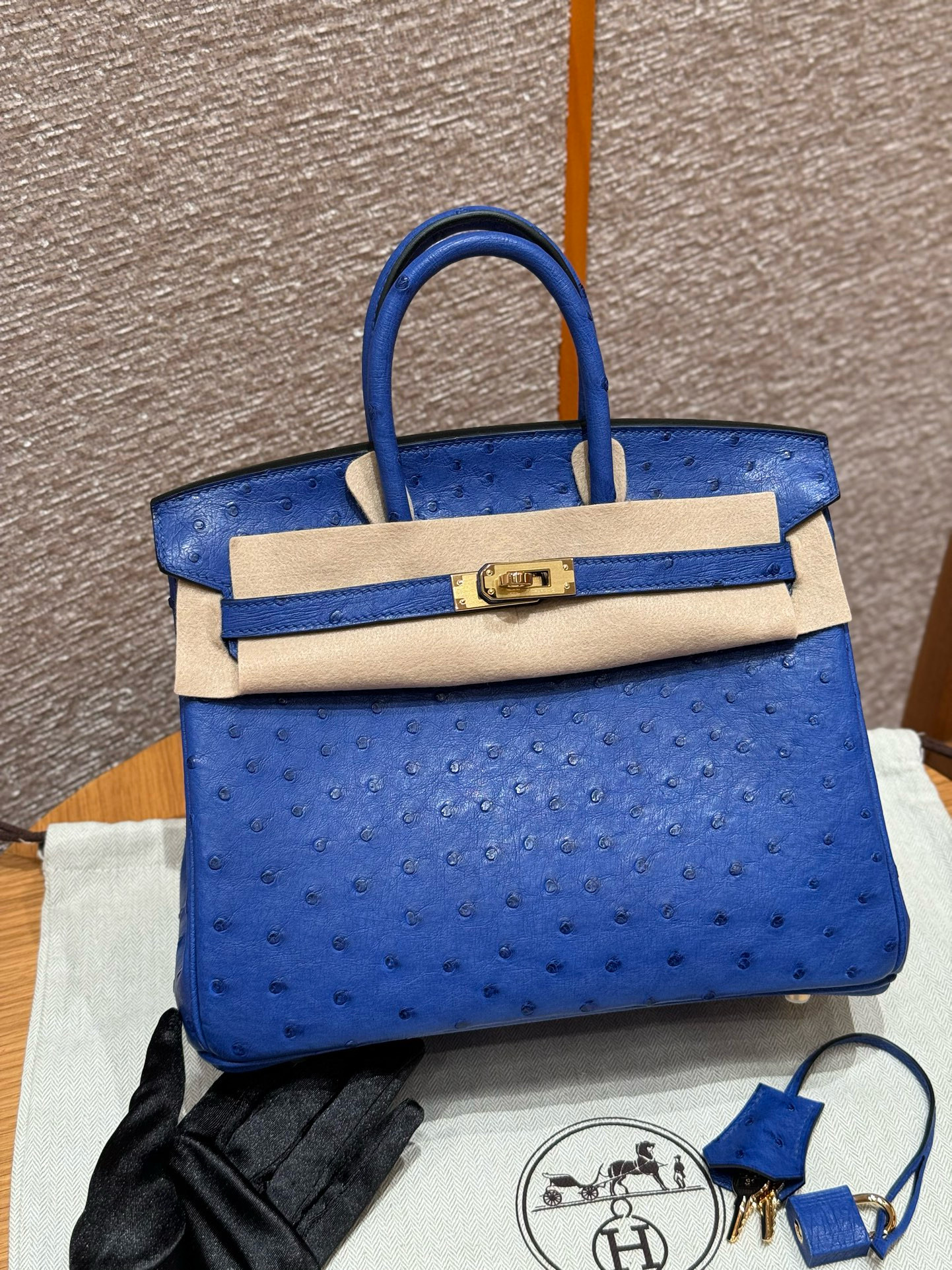 에르메스 Hermes Birkin 25cm KK ostrich O7 Bleuet/gold