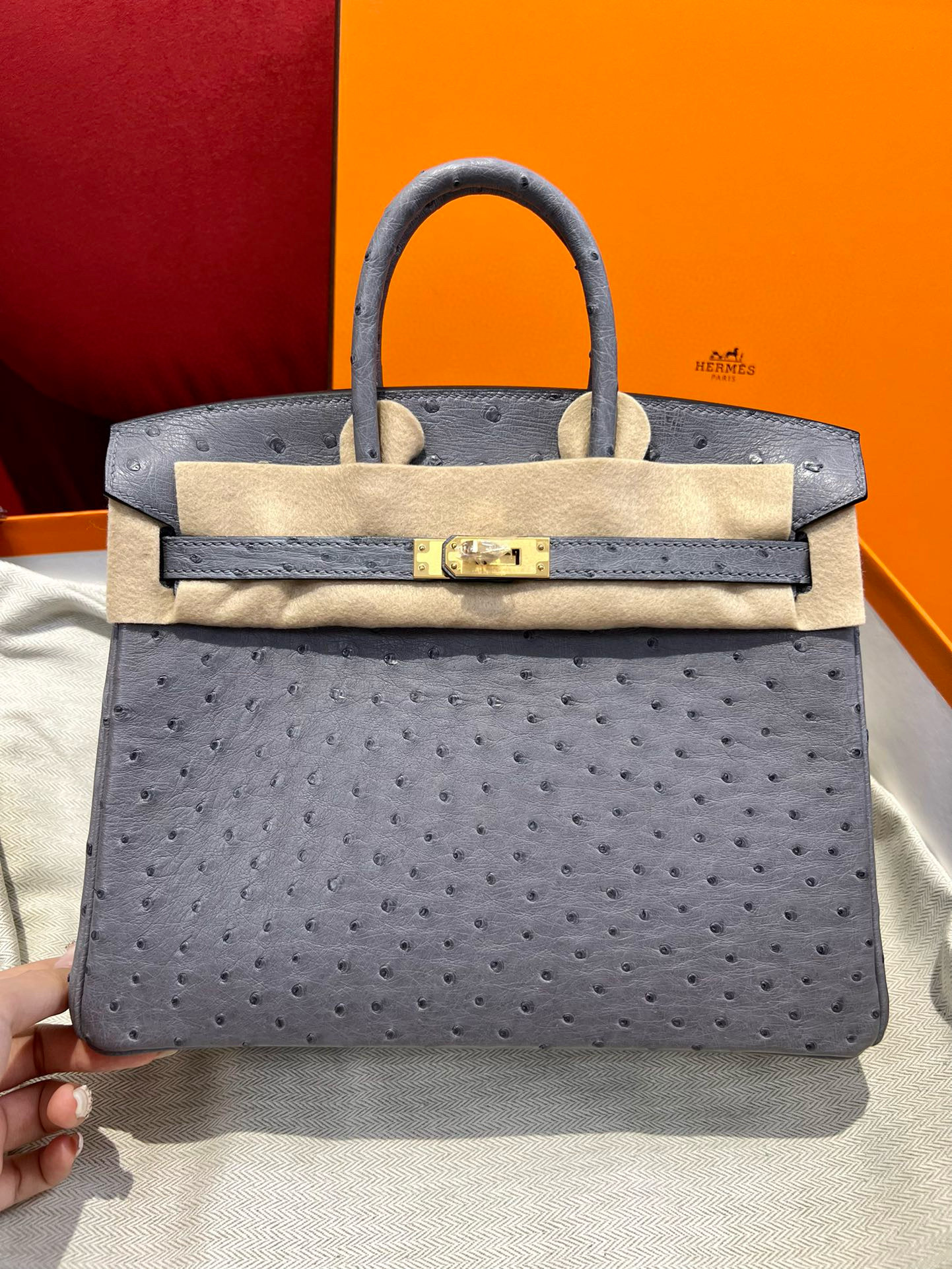 에르메스 Hermes Birkin 25cm KK ostrich R2 Blue agate/gold