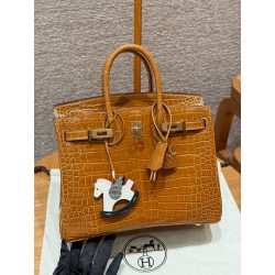 에르메스 Hermes Birkin 25cm Porosus Crocodile 24 Tabac camel/gold