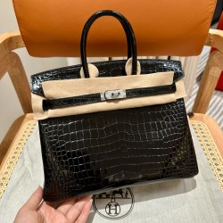 에르메스 Hermes Birkin 25cm Porosus Shiny 89 Noir/silver