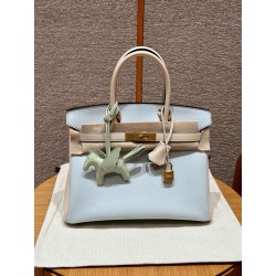 에르메스 Hermes Birkin 30cm Chèvre T0 Blue Brume and i2 Nata/gold