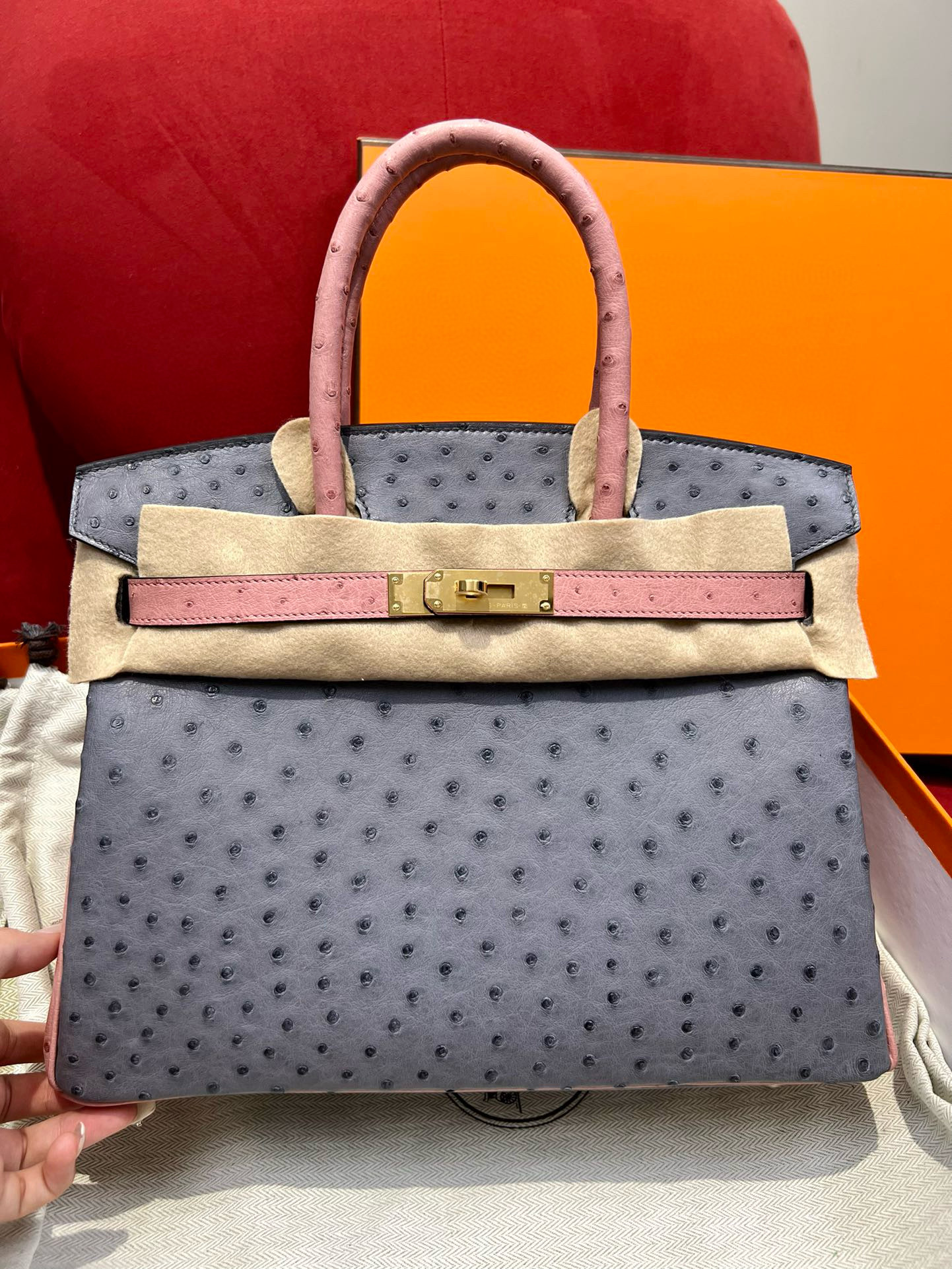 에르메스 Hermes Birkin 30cm KK ostrich R2 Blue agate and 94 Terre Cuite/silver