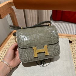 에르메스 Hermes Constance 19cm Alligator shiny crocodile 81 Gris tourterelle/gold