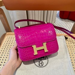 에르메스 Hermes Constance 19cm Alligator shiny crocodile J5 Rose Scheherazade/gold