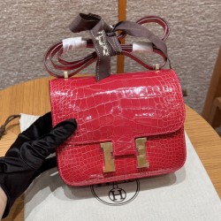 에르메스 Hermes Constance 19cm Bright faced American Alligator i6 Rose extreme/gold