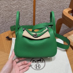 에르메스 Hermes Mini Lindy 19cm Clemence 1K Bambou/silver