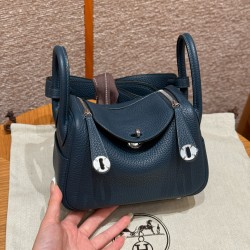 에르메스 Hermes Mini Lindy 19cm Clemence 7P Blue presse/silver