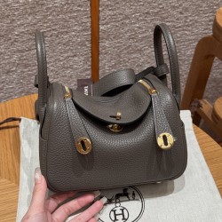 에르메스 Hermes Mini Lindy 19cm Clemence 8F Girs Etain/gold