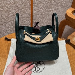 에르메스 Hermes Mini Lindy 19cm Clemence 67 Vert fonce/gold