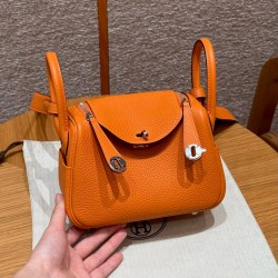에르메스 Hermes Mini Lindy 19cm Clemence 93 Orange/silver