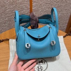 에르메스 Hermes Mini Lindy 19cm Clemence P3 Blue de nord/silver