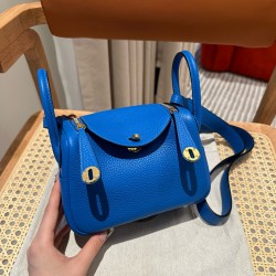 에르메스 Hermes Mini Lindy 19cm Clemence T7 Blue Hydra/gold
