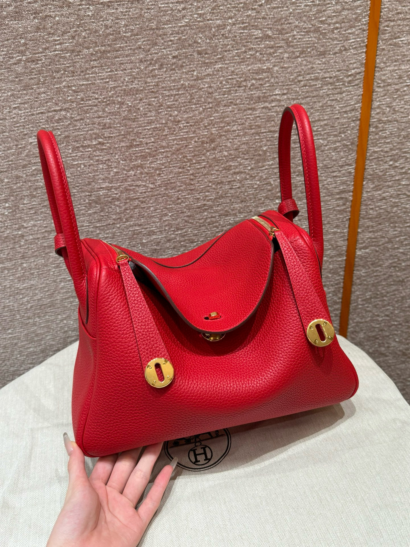 에르메스 Hermes Lindy 30cm Clemence Q5 Rouge casaque/gold