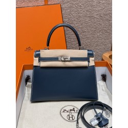 에르메스 Hermes Kelly 25cm Box 7P Blue presse/silver