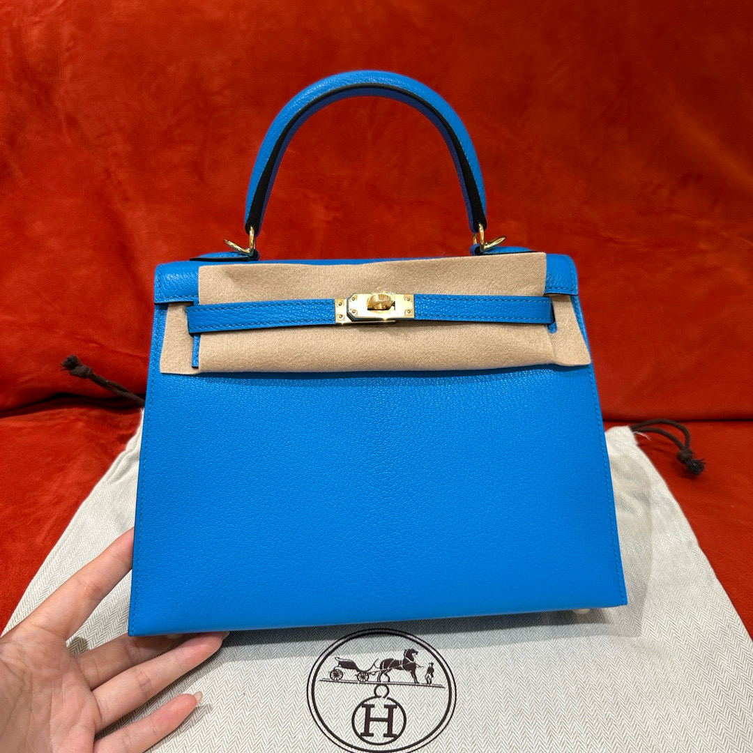 에르메스 Hermes Kelly 25cm Chèvre OF Blue Frida/gold