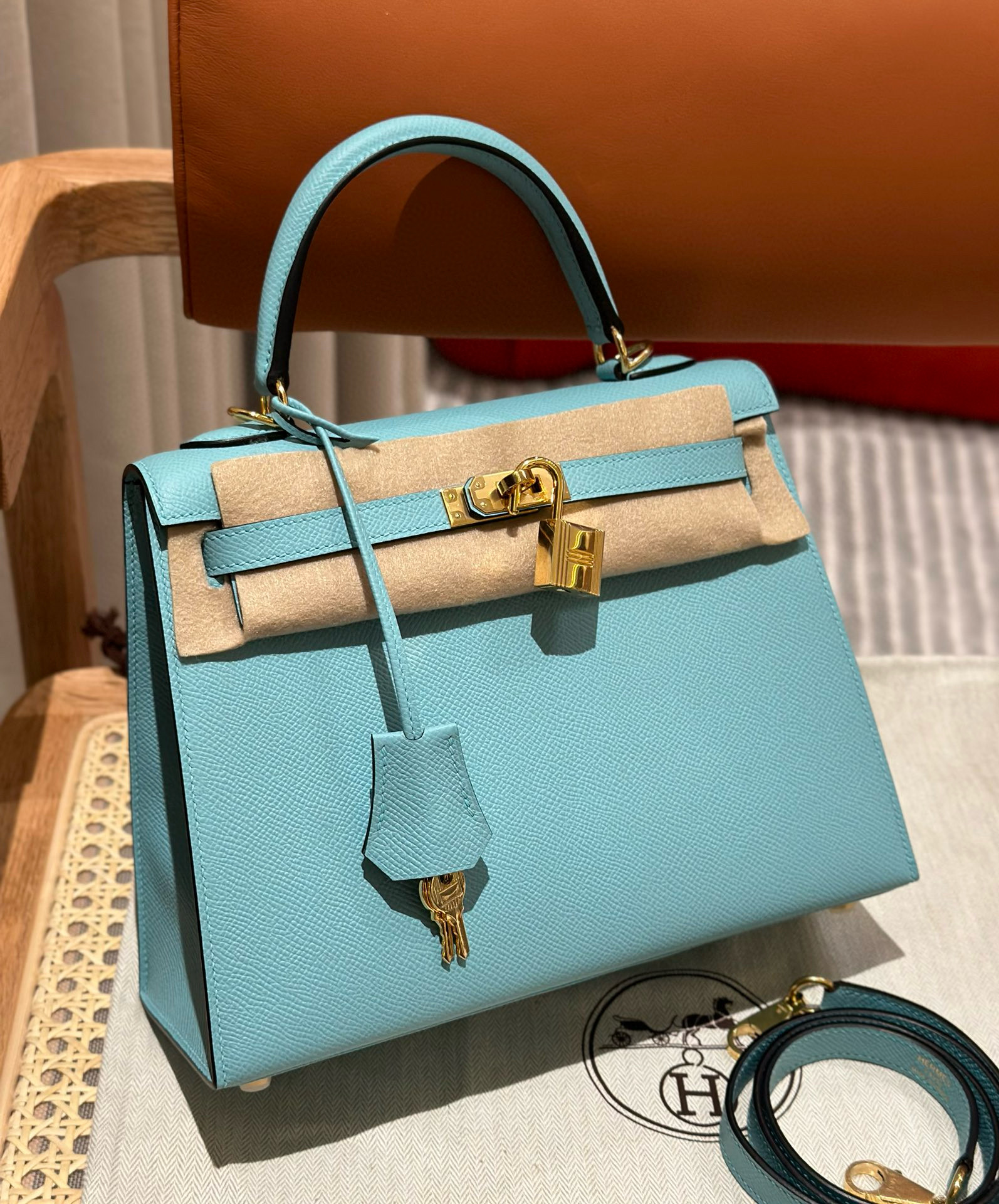 에르메스 Hermes Kelly 25cm Epsom 3P Blue atoll/gold
