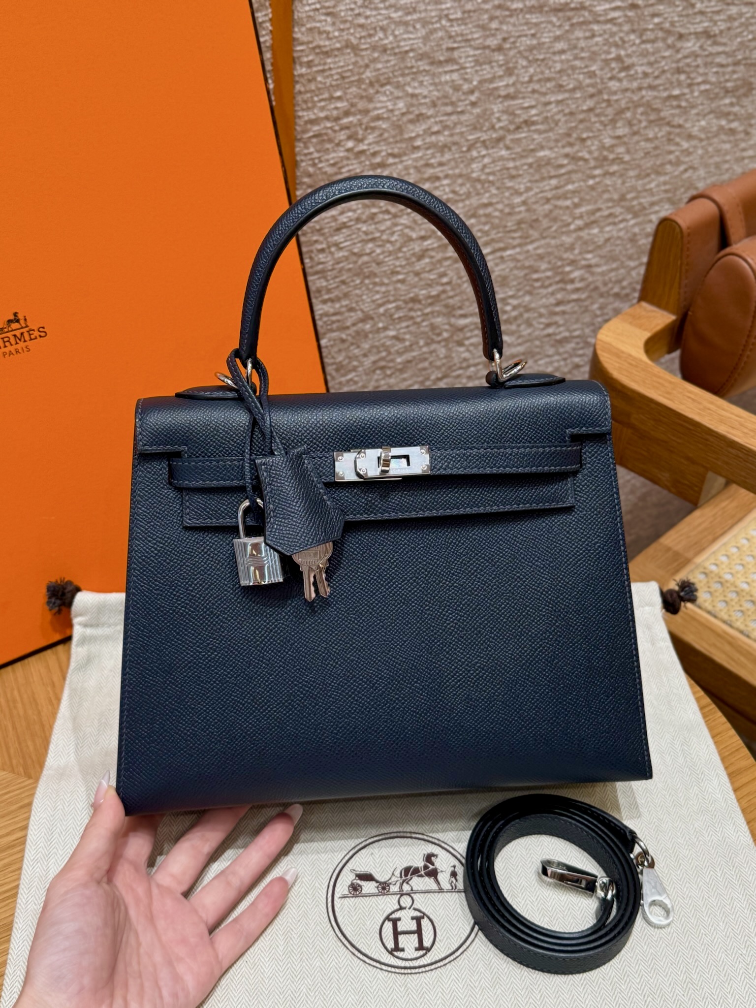 에르메스 Hermes Kelly 25cm Epsom 7P Blue presse/silver