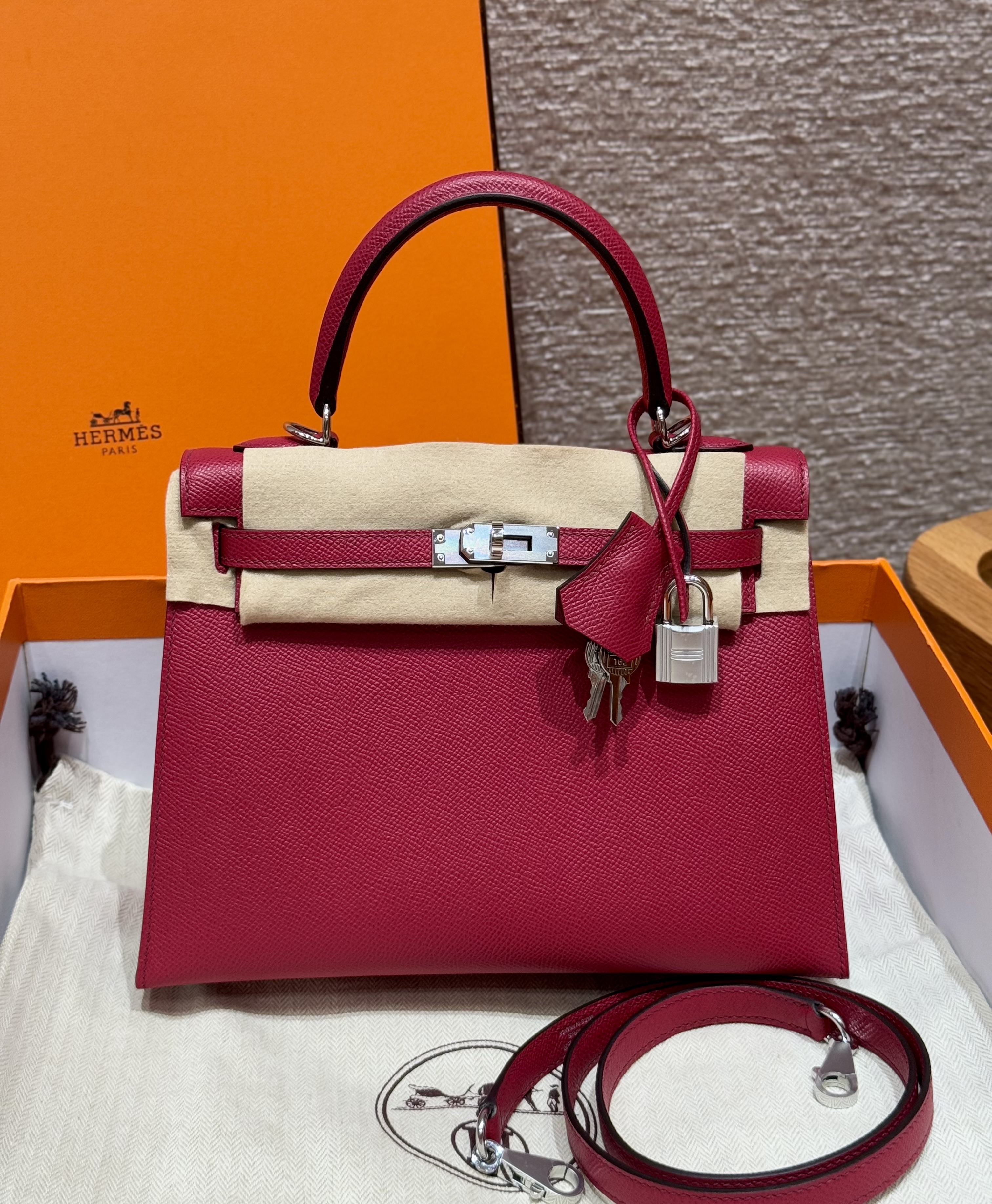 에르메스 Hermes Kelly 25cm Epsom B5 Ruby/silver