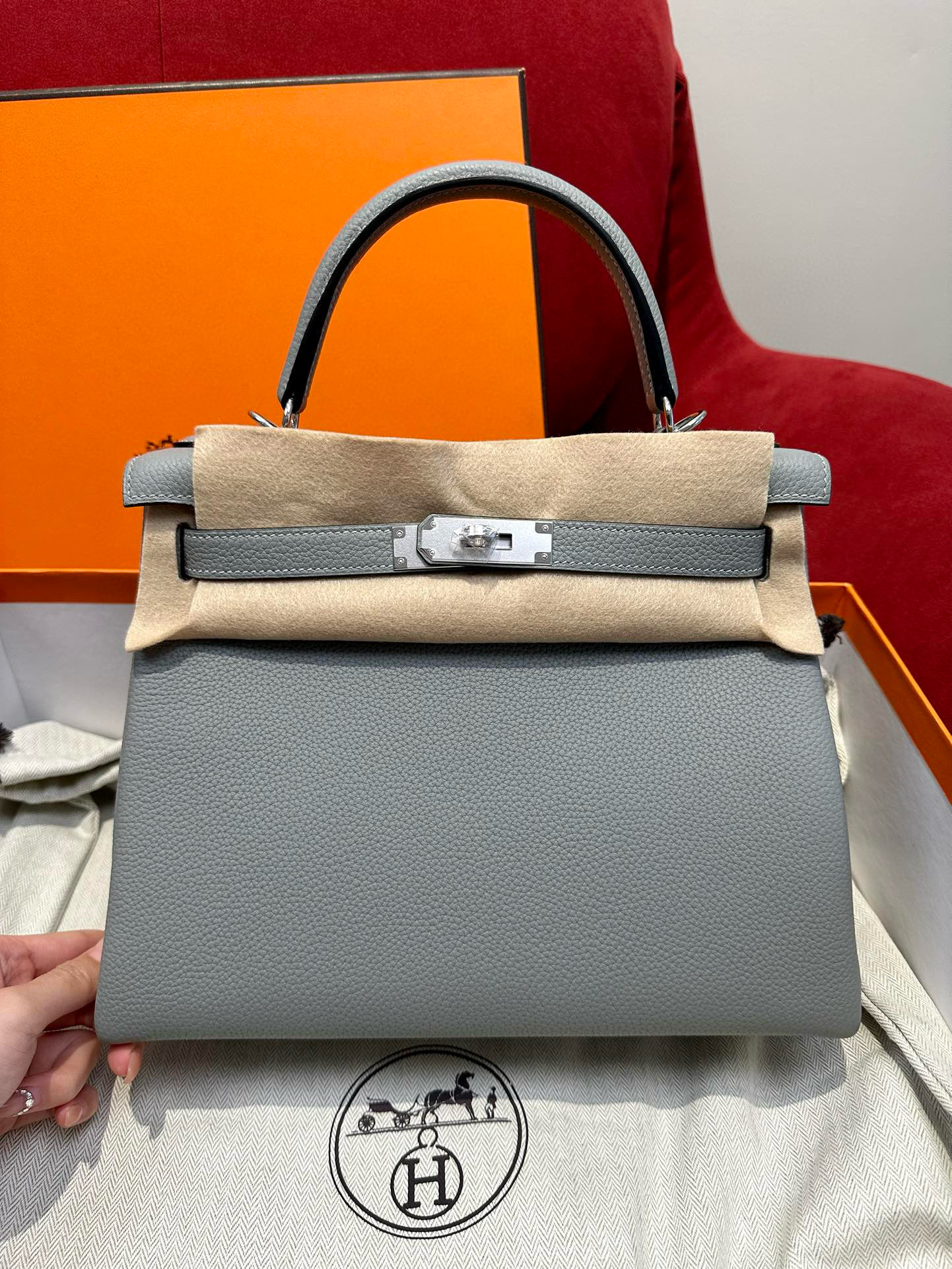 에르메스 Hermes Kelly 25cm Togo 4Z Girs Mouette/silver