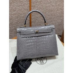 에르메스 Hermes Kelly 25cm Bright faced American Alligator 0W Girs neve/gold