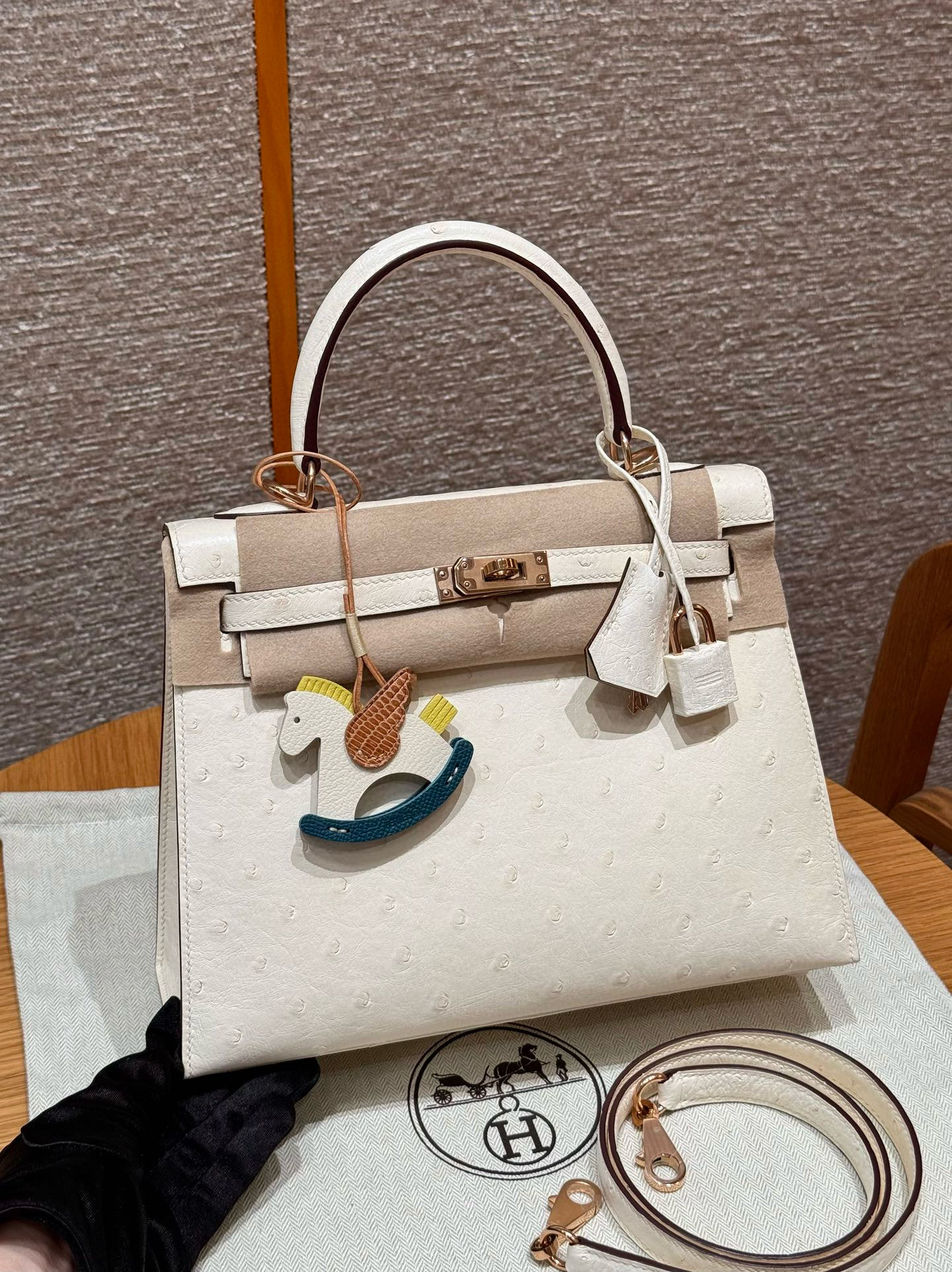 에르메스 Hermes Kelly 25cm KK ostrich 8L Beton/Rose gold