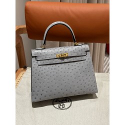 에르메스 Hermes Kelly 25cm KK ostrich 8U Blue glacier/gold