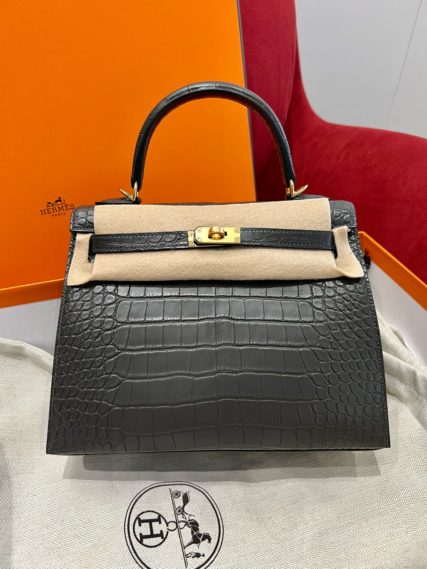 에르메스 Hermes Kelly 25cm Matte Alligator 88 Graphite/gold