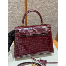 에르메스 Hermes Kelly 25cm Porosus crocodile 55 Rouge H/gold