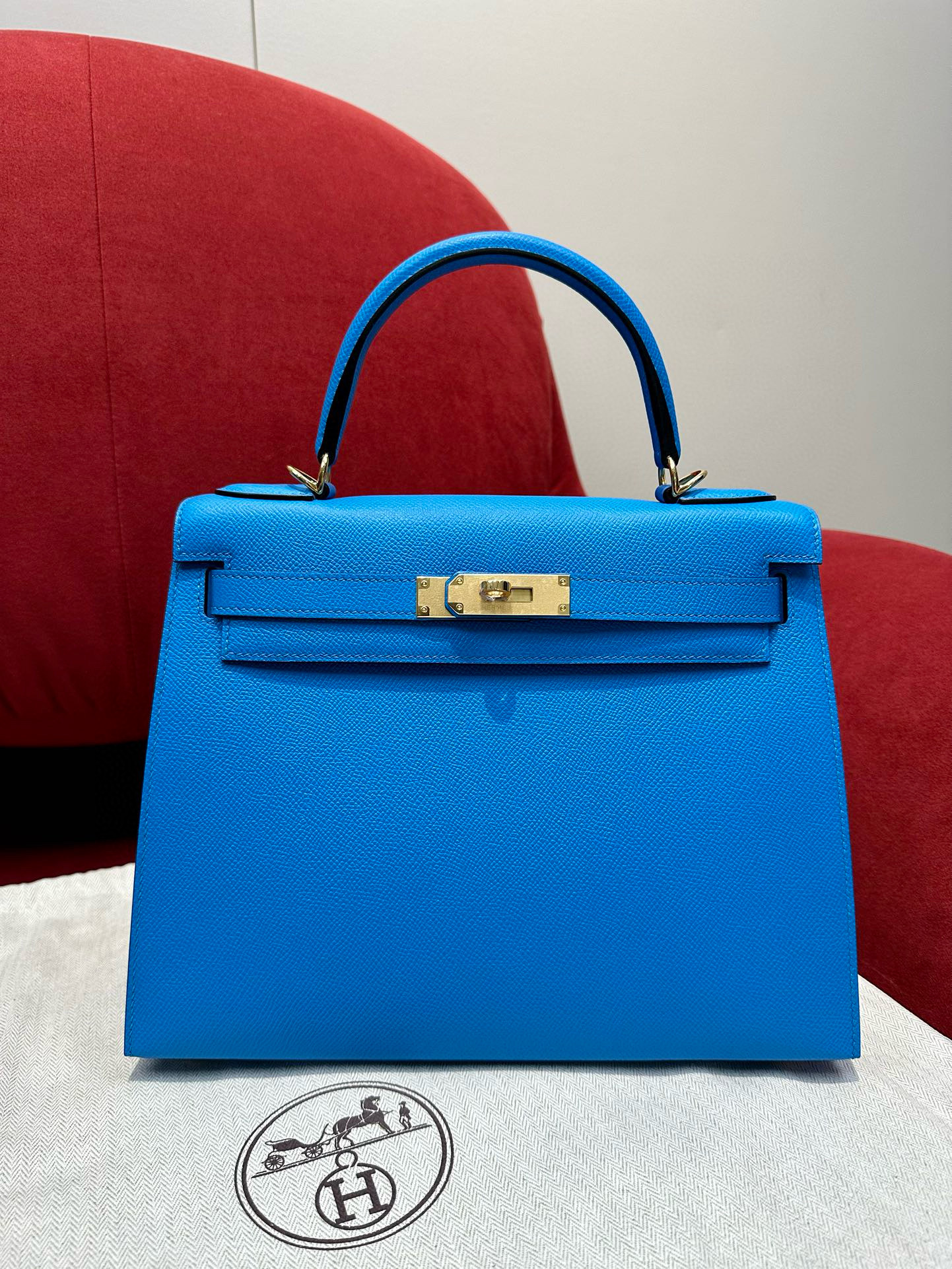 에르메스 Hermes Kelly 28cm Epsom 0F Blue Frida/gold