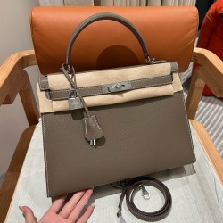 에르메스 Hermes Kelly 32cm Chevre 18 Etoupe/silver