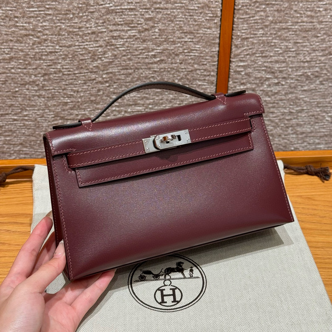 에르메스 Hermes Kelly Pochette 22cm Box 55 Rouge H/silver