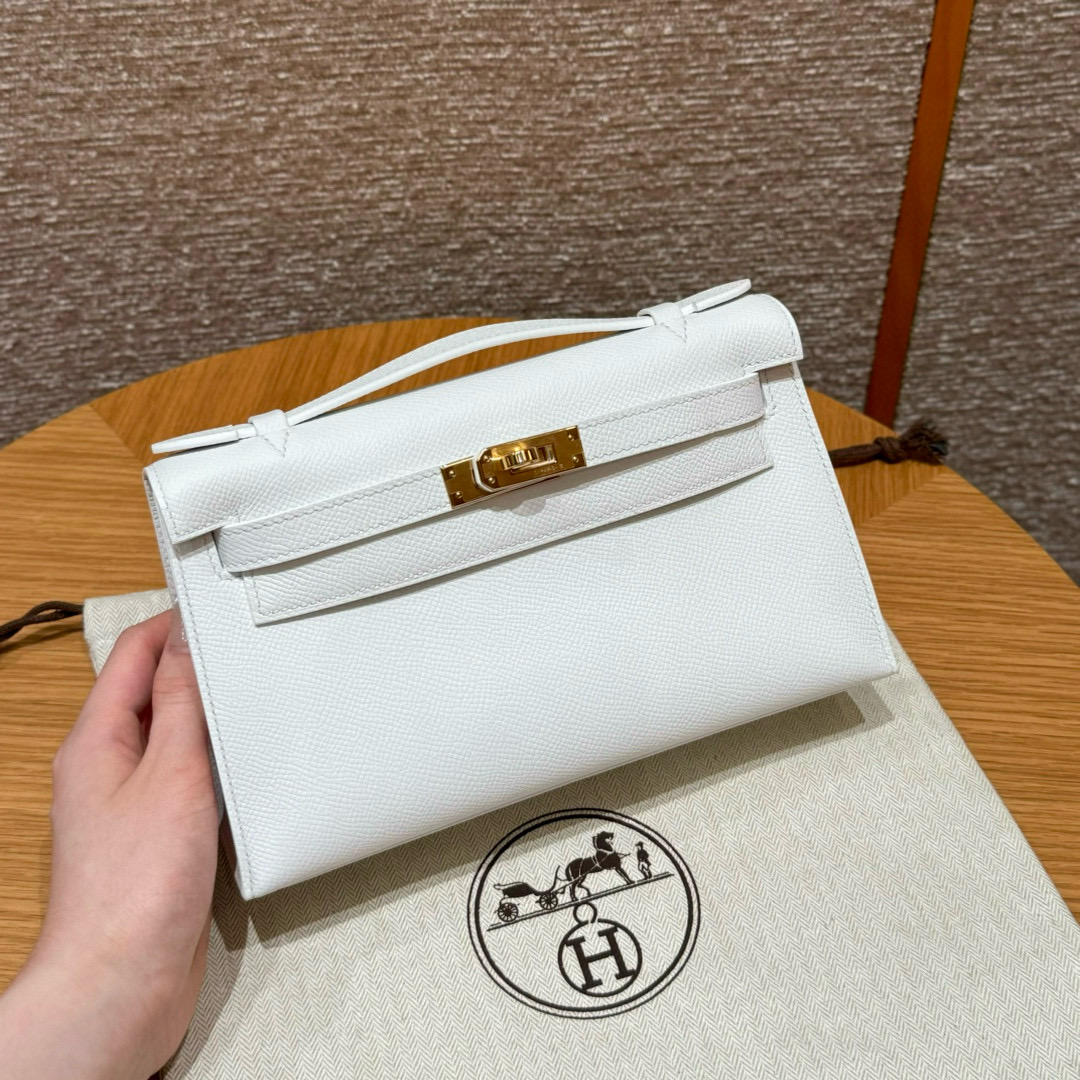 에르메스 Hermes Kelly Pochette 22cm Epsom 01 Blanc/gold