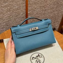 에르메스 Hermes Kelly Pochette 22cm Swift 75 Blue Jean/silver