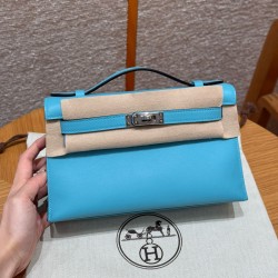 에르메스 Hermes Kelly Pochette 22cm Swift P3 Blue de nord/silver