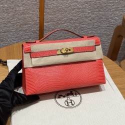 에르메스 Hermes Kelly Pochette 22cm Lizard 51 Rouge Exotique/gold