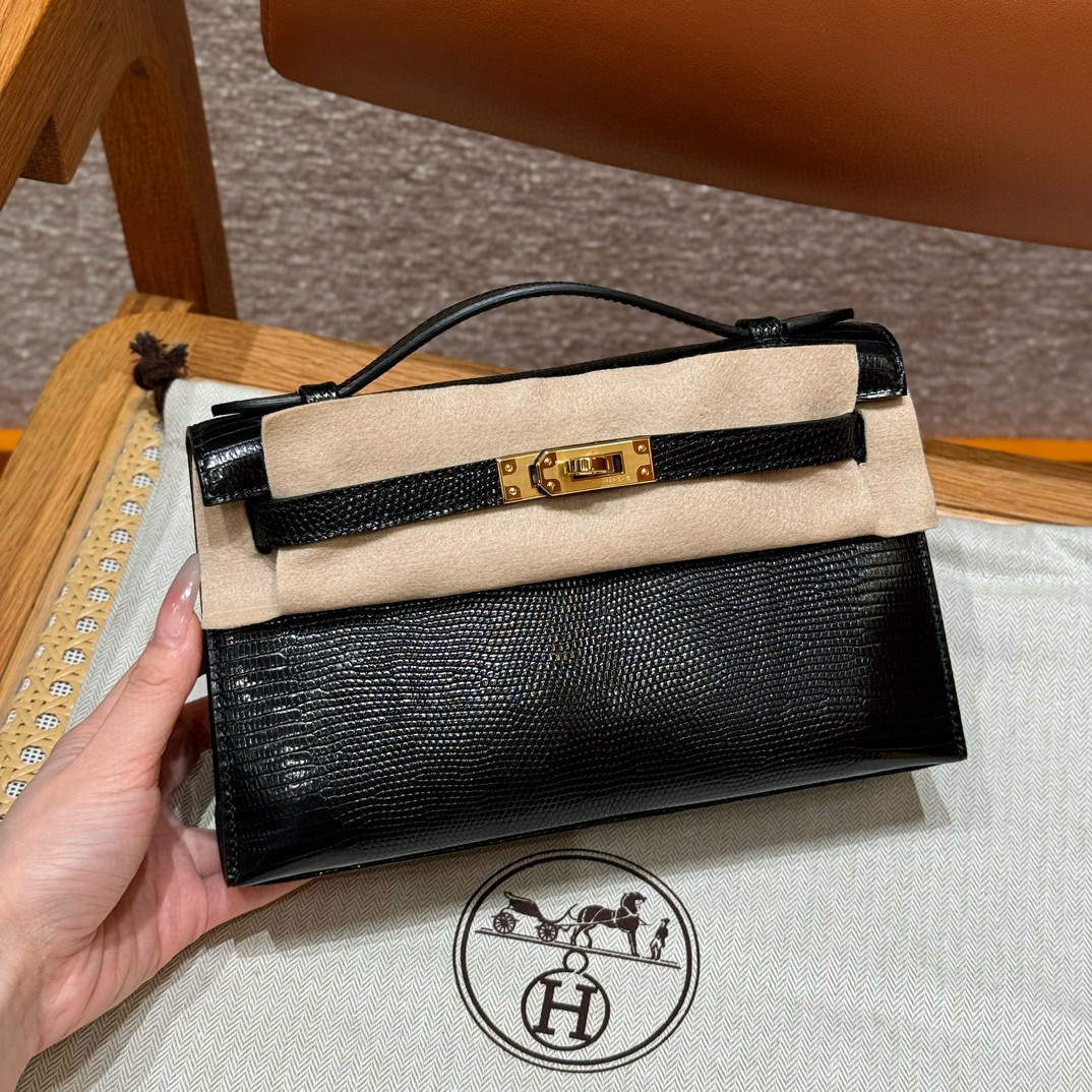 에르메스 Hermes Kelly Pochette 22cm Lizard 89 Noir/gold