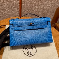 에르메스 Hermes Kelly Pochette 22cm Lizard T7 Blue Hydra/gold