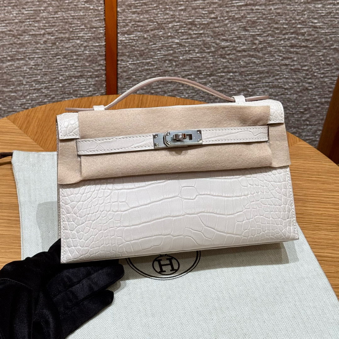 에르메스 Hermes Kelly Pochette 22cm Matte Alligator 10 Craie/silver