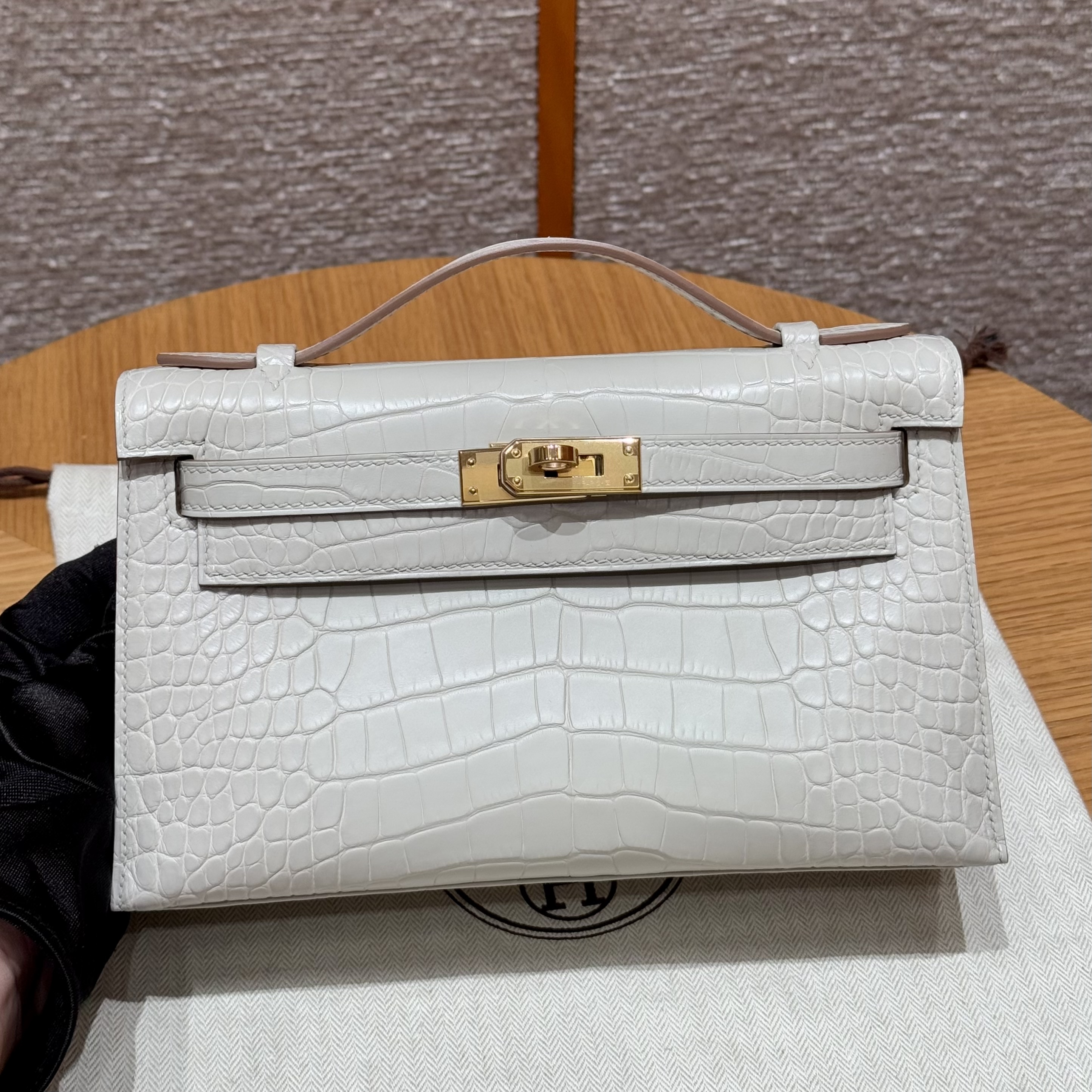 에르메스 Hermes Kelly Pochette 22cm Matte American crocodile 8L Beton/gold