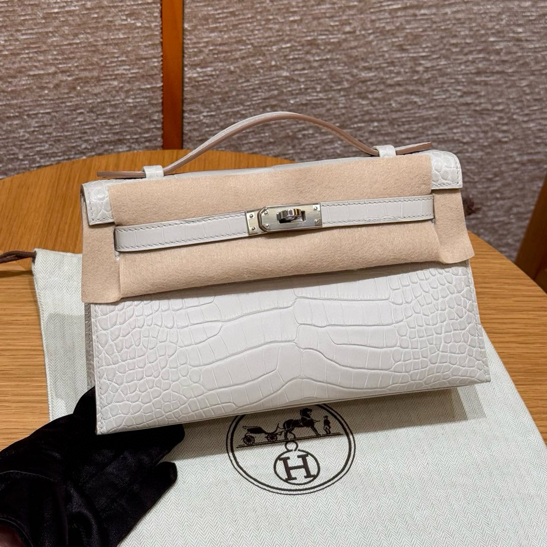 에르메스 Hermes Kelly Pochette 22cm Matte American crocodile 10 Craie/silver