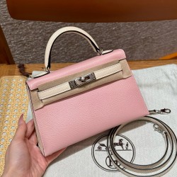 에르메스 Hermes Mini Kelly 19cm Chèvre 3Q Rose Sakura and i2 Nata/silver