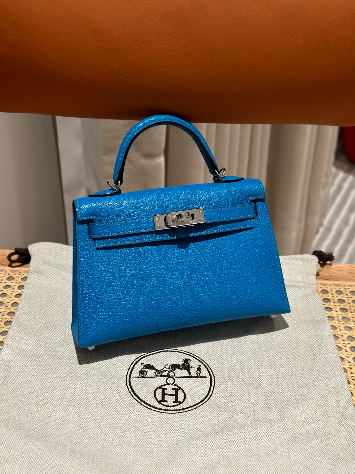 에르메스 Hermes Mini Kelly 19cm Chèvre OF Blue Fride/silver