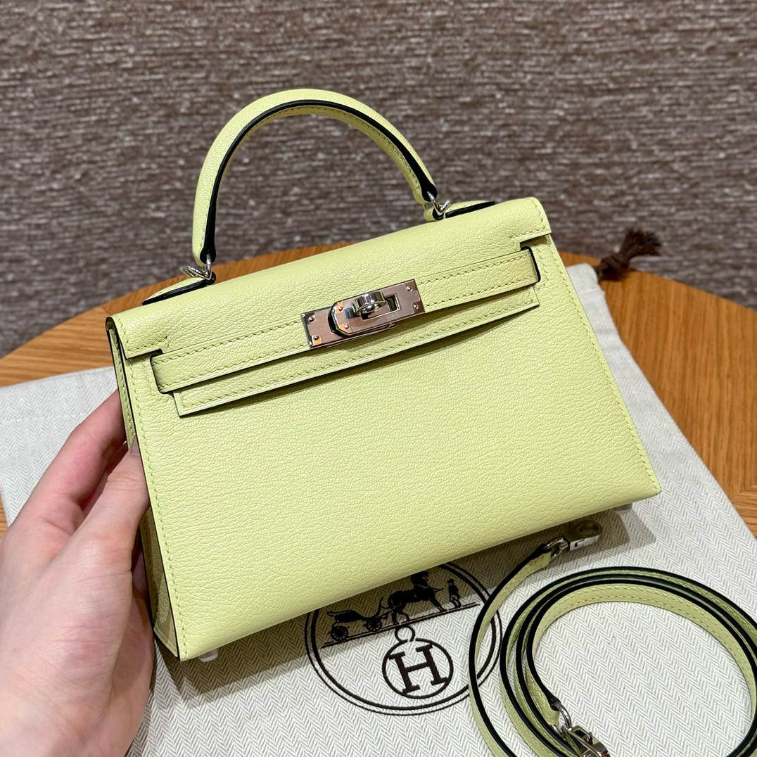 에르메스 Hermes Mini Kelly 19cm Chèvre R9 Jaune Bourgeon/silver